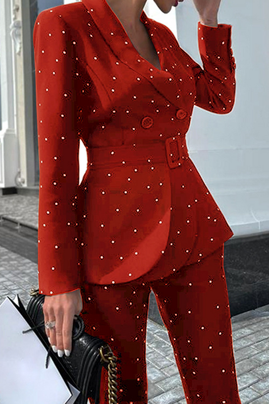 Conjunto de dos piezas de moda elegante con hebilla de lunares y cinturón, cuello vuelto, manga larga