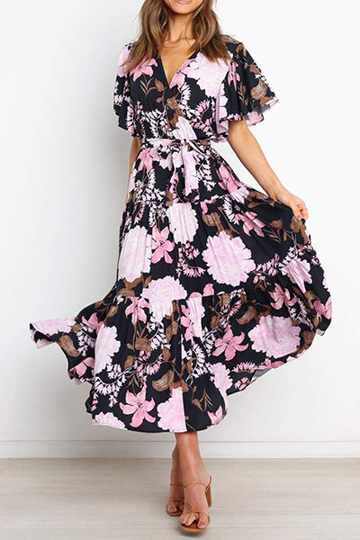 Elegante vestido de falda con escote en V y diseño de tirantes con volantes florales (4 colores)