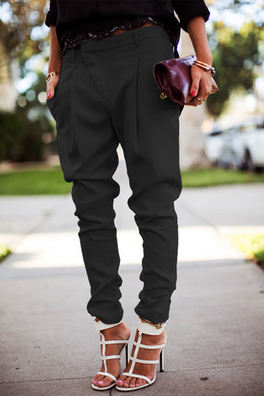 Pantalones casuales de color liso con parches, cintura media, rectos y lisos (4 colores)