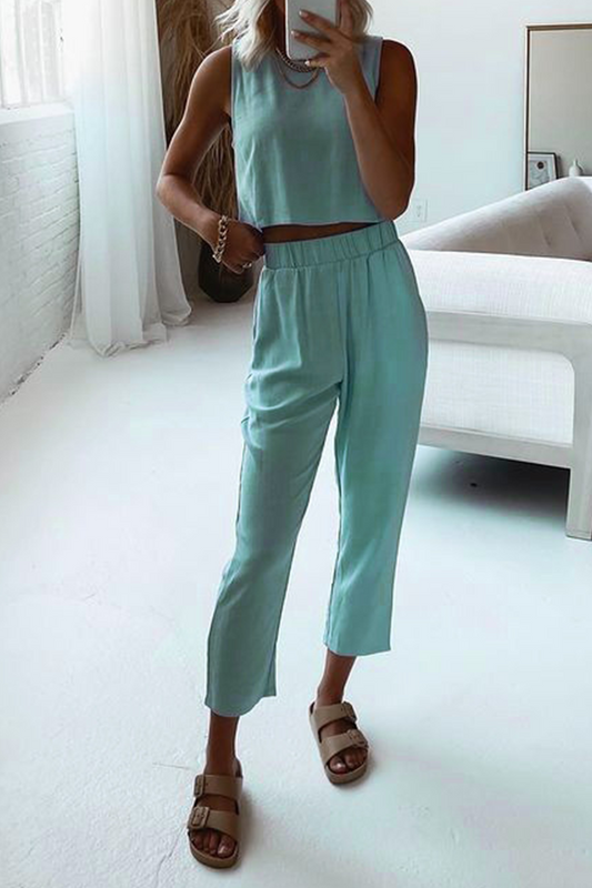 Conjunto informal de dos piezas sin mangas con cuello redondo y parches sólidos (4 colores)