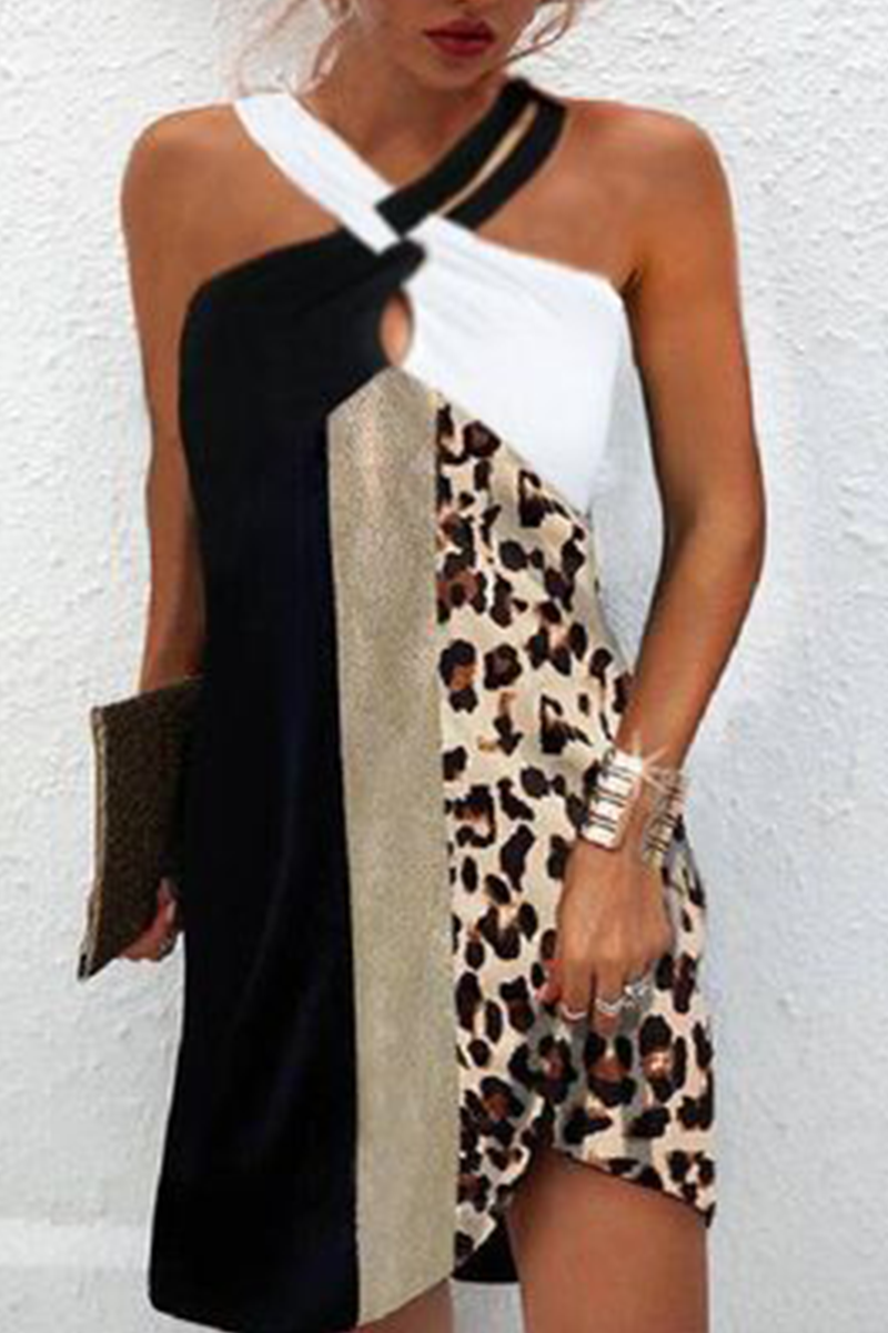Vestidos casuales rectos con cuello halter y parches de leopardo (3 colores)