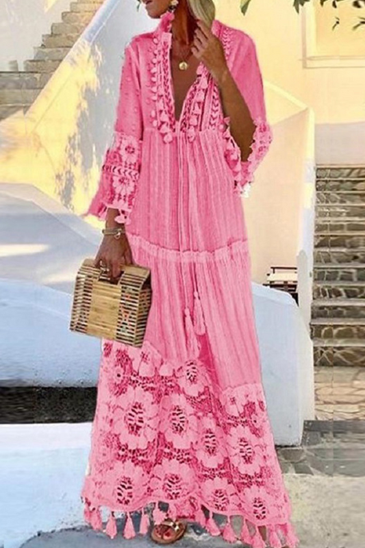 Vestido informal de malla con cuello en V y encaje de patchwork (4 colores)