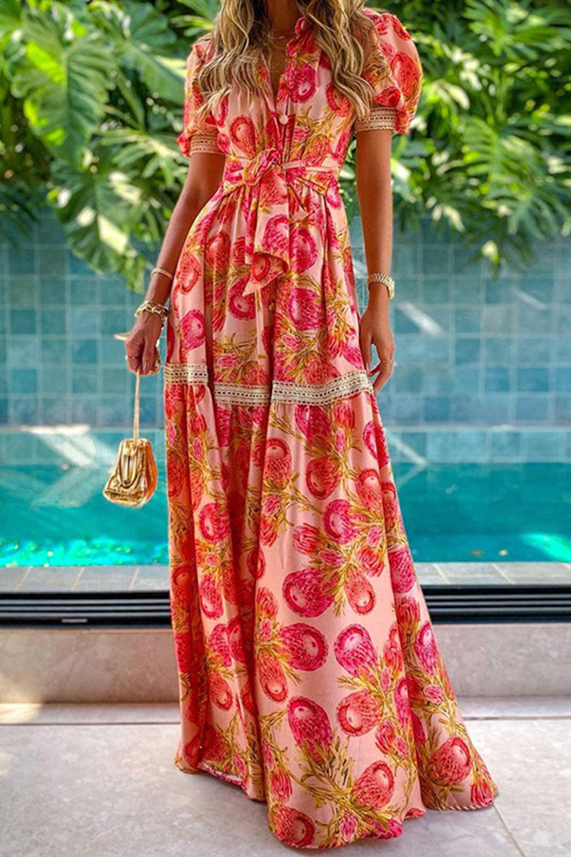 Vestidos con falda pastel y cuello en V con estampado de moda