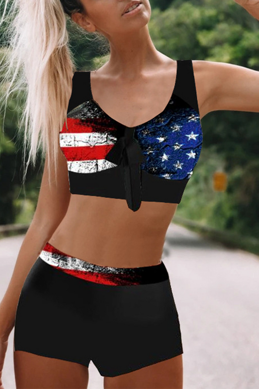 Conjunto de dos piezas sin mangas con cuello en V y estampado casual de patchwork