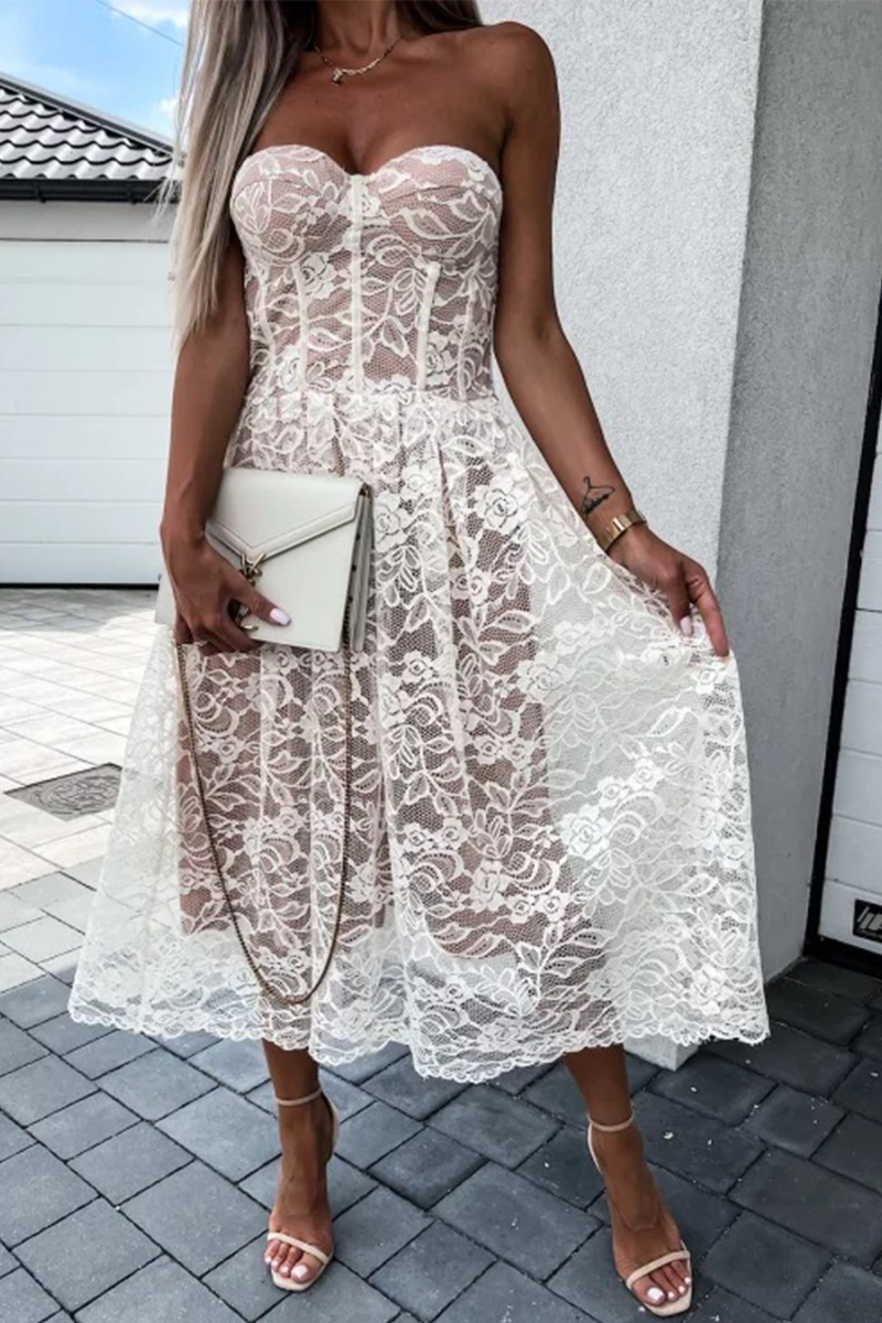 Vestidos sexis de encaje liso sin tirantes con falda de pastel