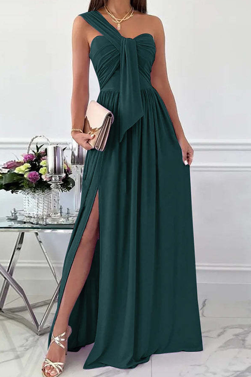 Vestido de noche sexy de moda, liso, sin espalda, con abertura y un solo hombro (7 colores)