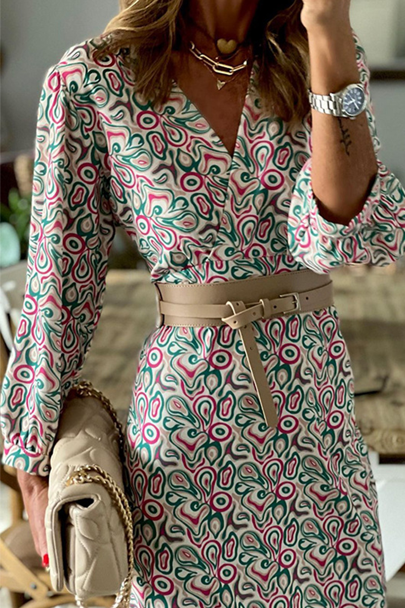 Vestidos de falda con cuello en V y cintura de patchwork con estampado de moda