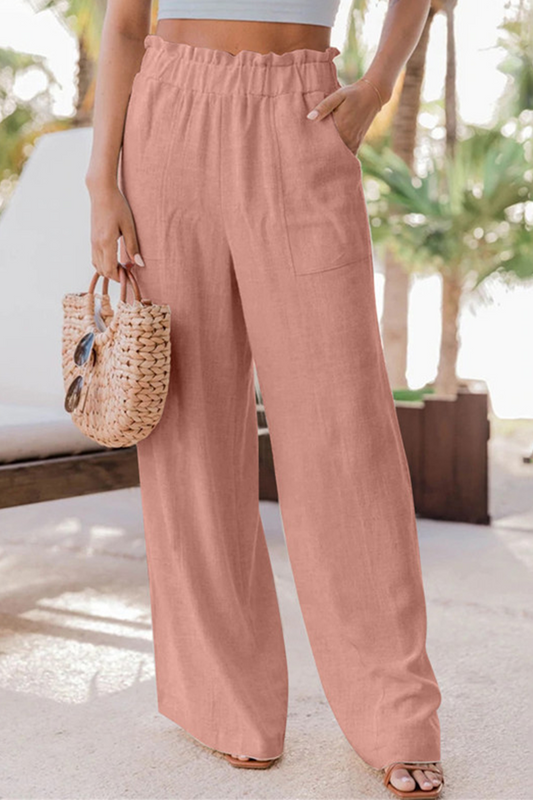 Pantalones casuales de color liso con parches, cintura alta, rectos y pierna ancha