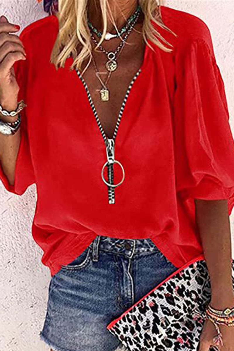 Tops casuales de cuello con cremallera y retazos sólidos (8 colores)
