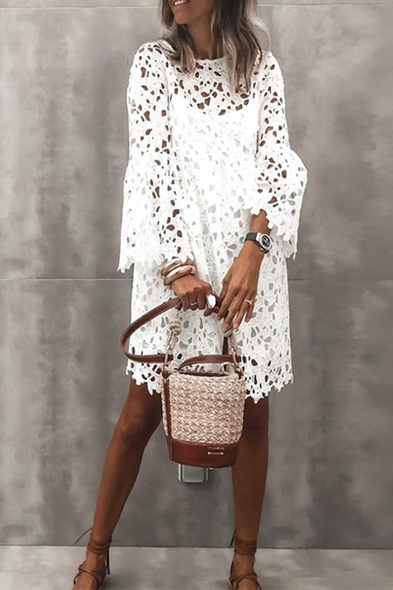 Vestido de encaje liso con cuello redondo y encaje de moda