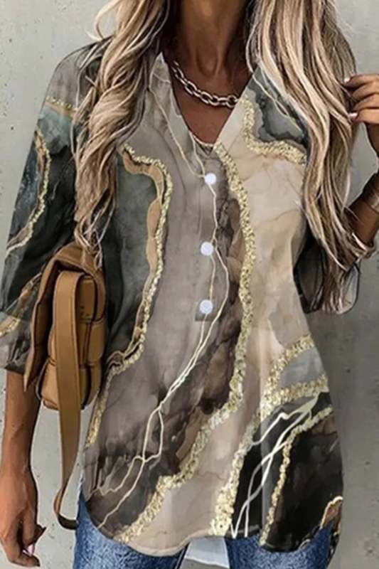 Blusas casuales con cuello vuelto y estampado de patchwork