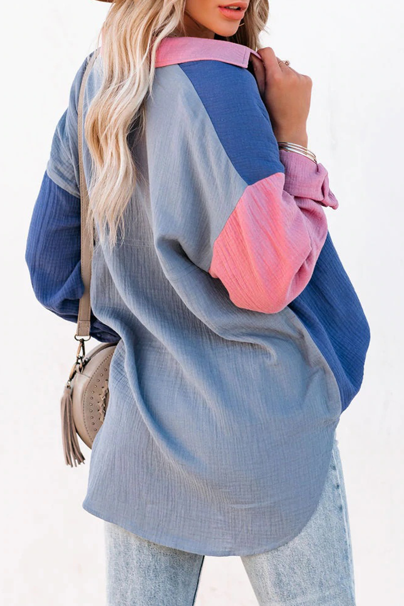 Tops casuales de cuello vuelto con parches sólidos (4 colores)
