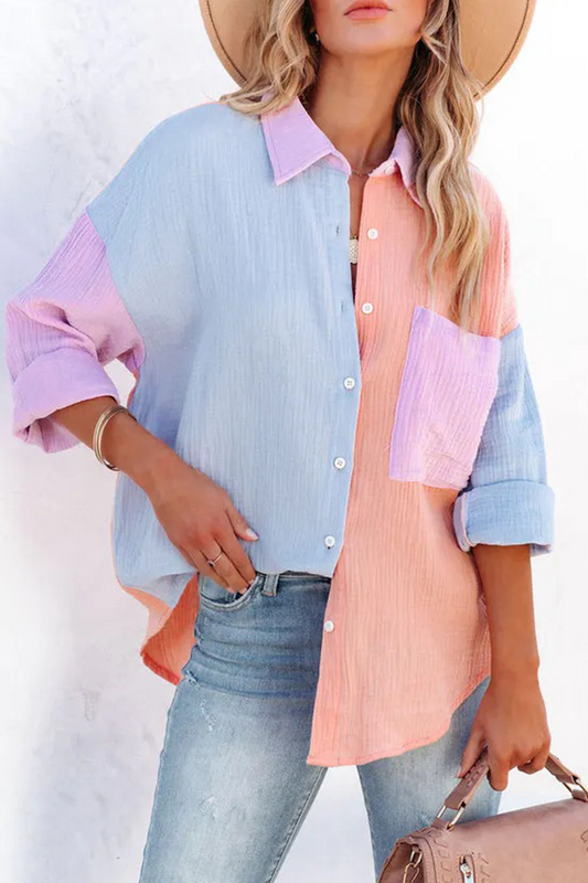 Tops casuales de cuello vuelto con parches sólidos (4 colores)