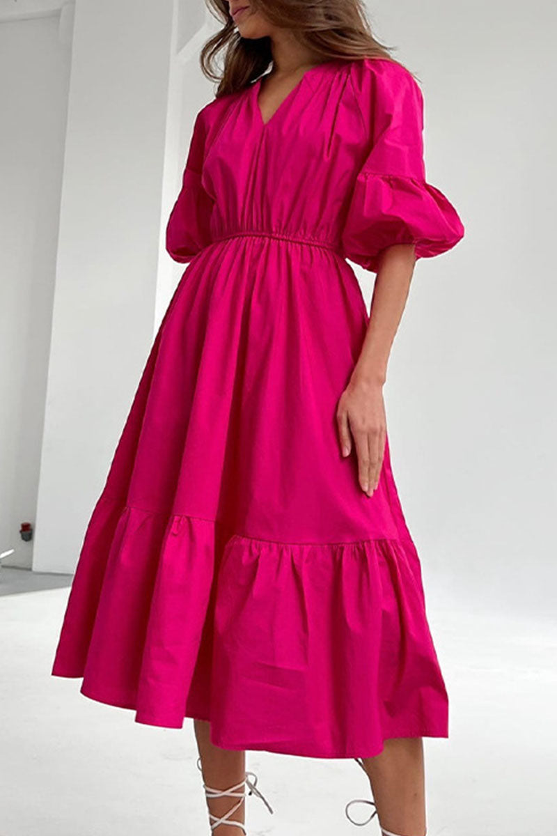 Vestido informal elegante de manga corta con cuello en V y parches lisos (3 colores)