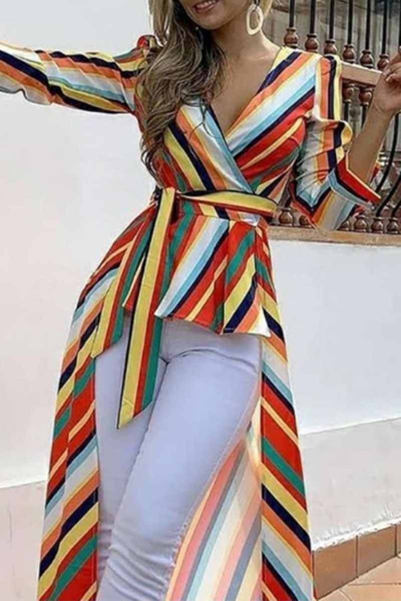Vestidos de cuello en V con patchwork de rayas de moda