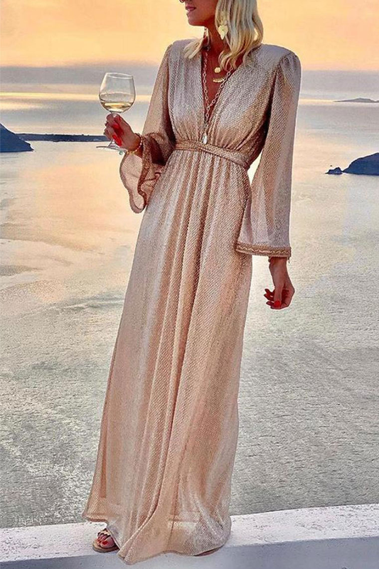 Vestido de noche elegante de moda con cuello en V y pliegues de patchwork liso (4 colores)