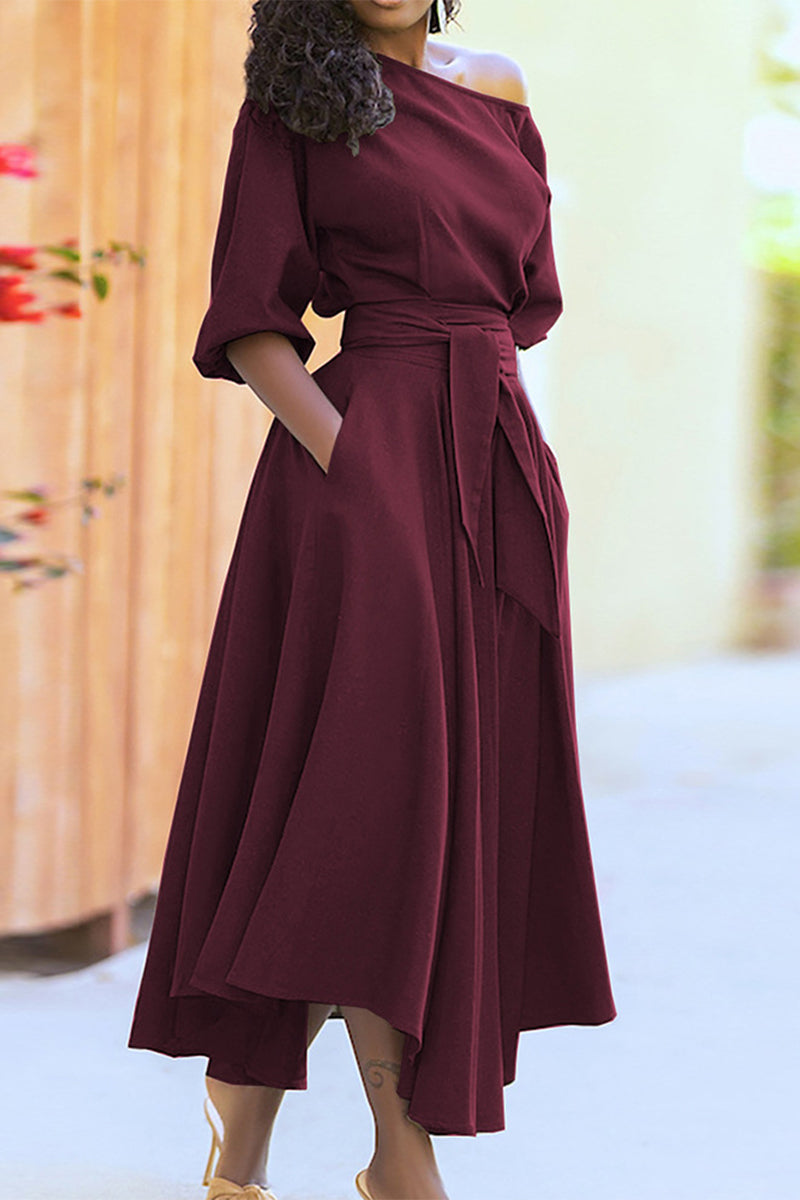Vestido de moda con cuello oblicuo y vendaje irregular (4 colores)
