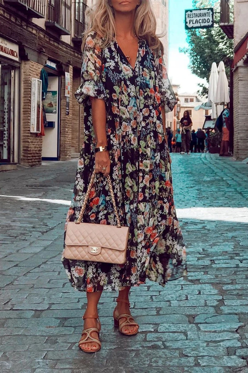 Vestidos casuales con estampado de patchwork, cuello en V y falda pastel