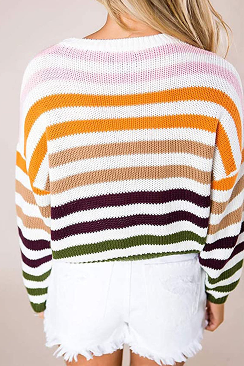 Tops de cuello redondo con patchwork de rayas dulces de moda