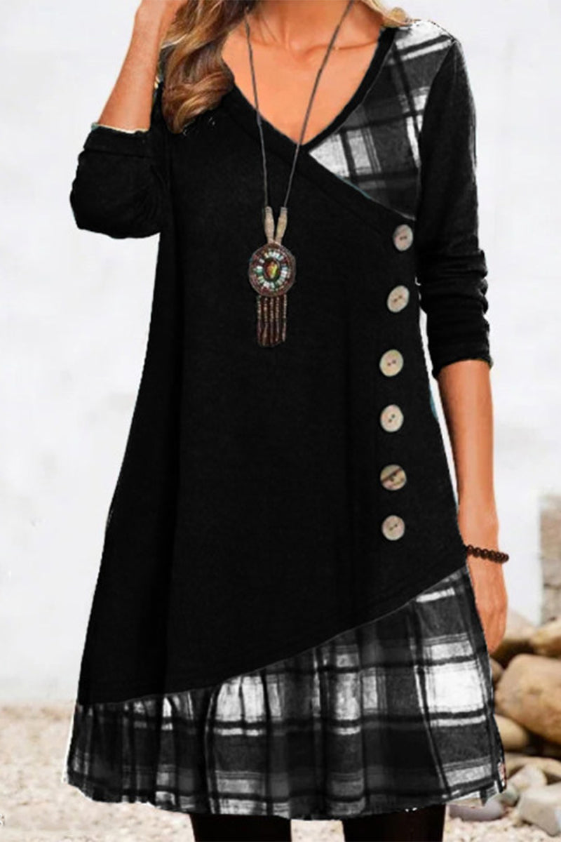 Vestidos casuales de cuadros con botones y patchwork, cuello en V y corte A