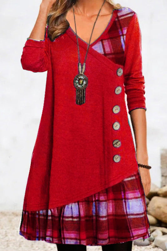 Vestidos casuales de cuadros con botones y patchwork, cuello en V y corte A