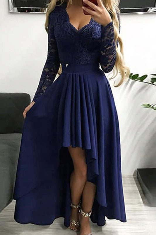 Vestidos elegantes de celebridades con encaje de patchwork, color sólido, escote en V, línea A (3 colores)