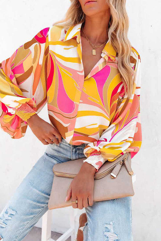 Tops casuales con cuello vuelto, hebilla y patchwork con estampado