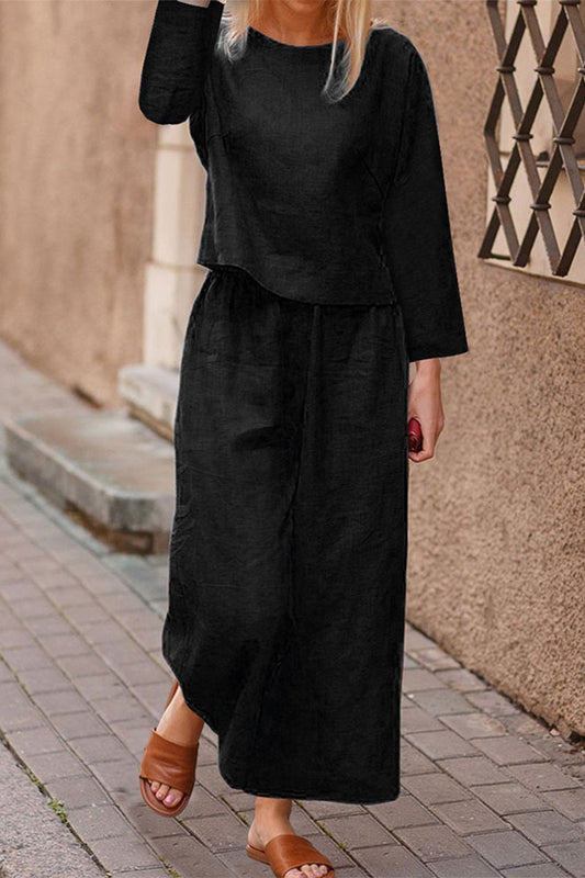 Conjunto informal de dos piezas de manga larga y cuello redondo en color liso (5 colores)