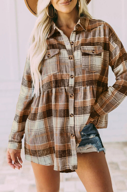 Blusa informal con cuello vuelto, botones y hebillas a cuadros (5 colores)