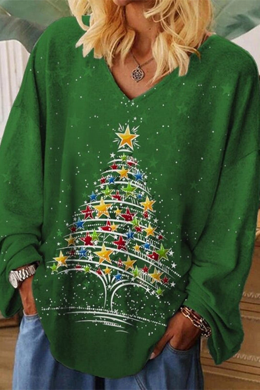Tops casuales con cuello en V y estampado de árbol de Navidad