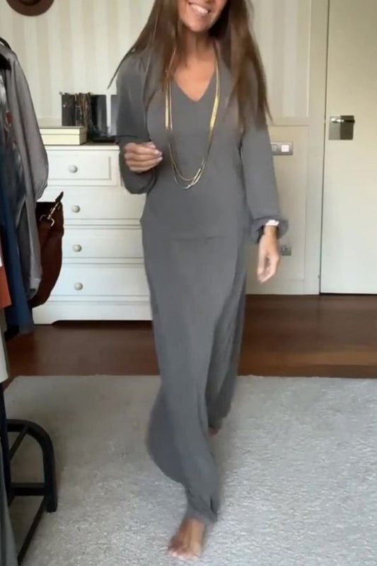 Conjunto casual de dos piezas con cuello en V, manga larga y color liso
