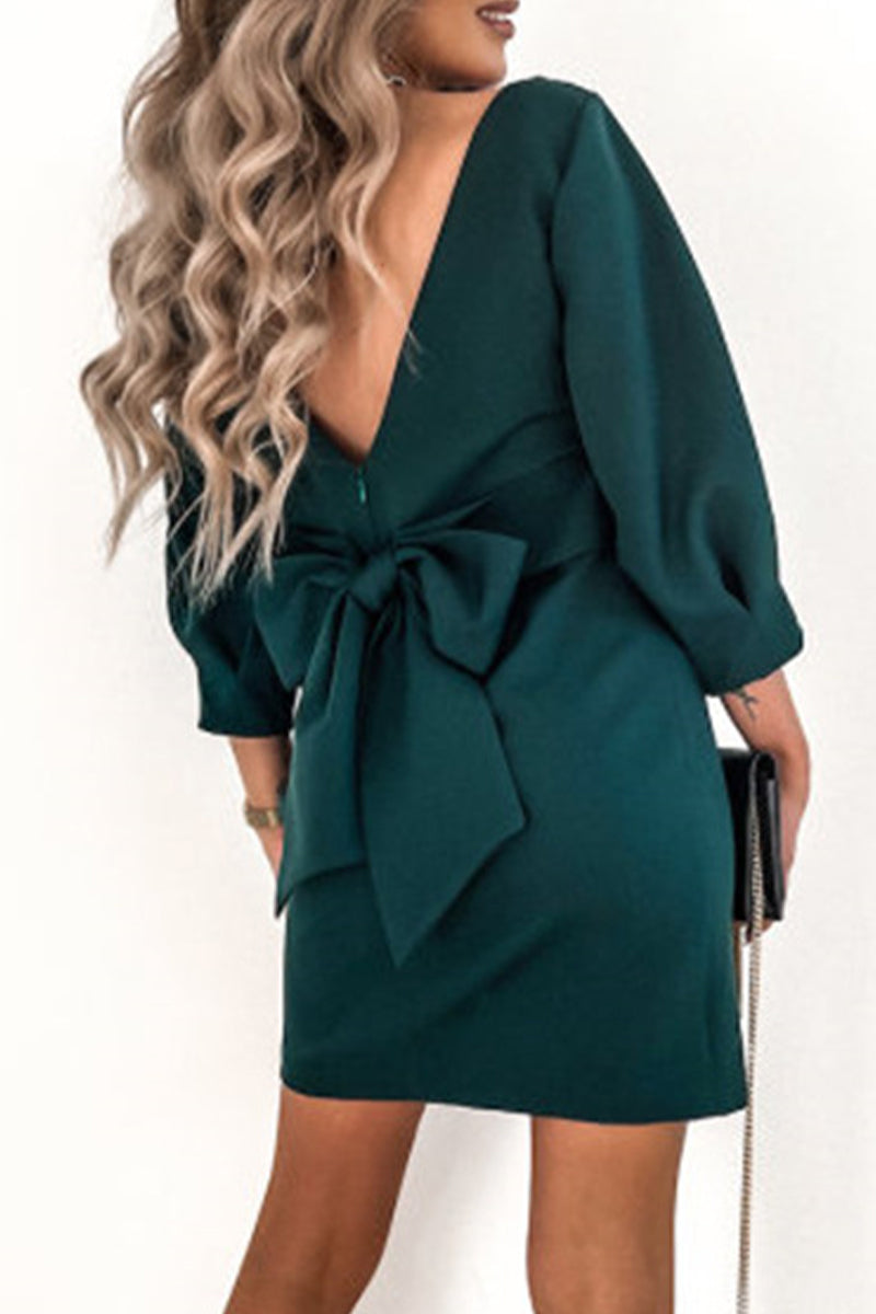Elegante vestido universitario liso con lazo y cuello redondo (3 colores)