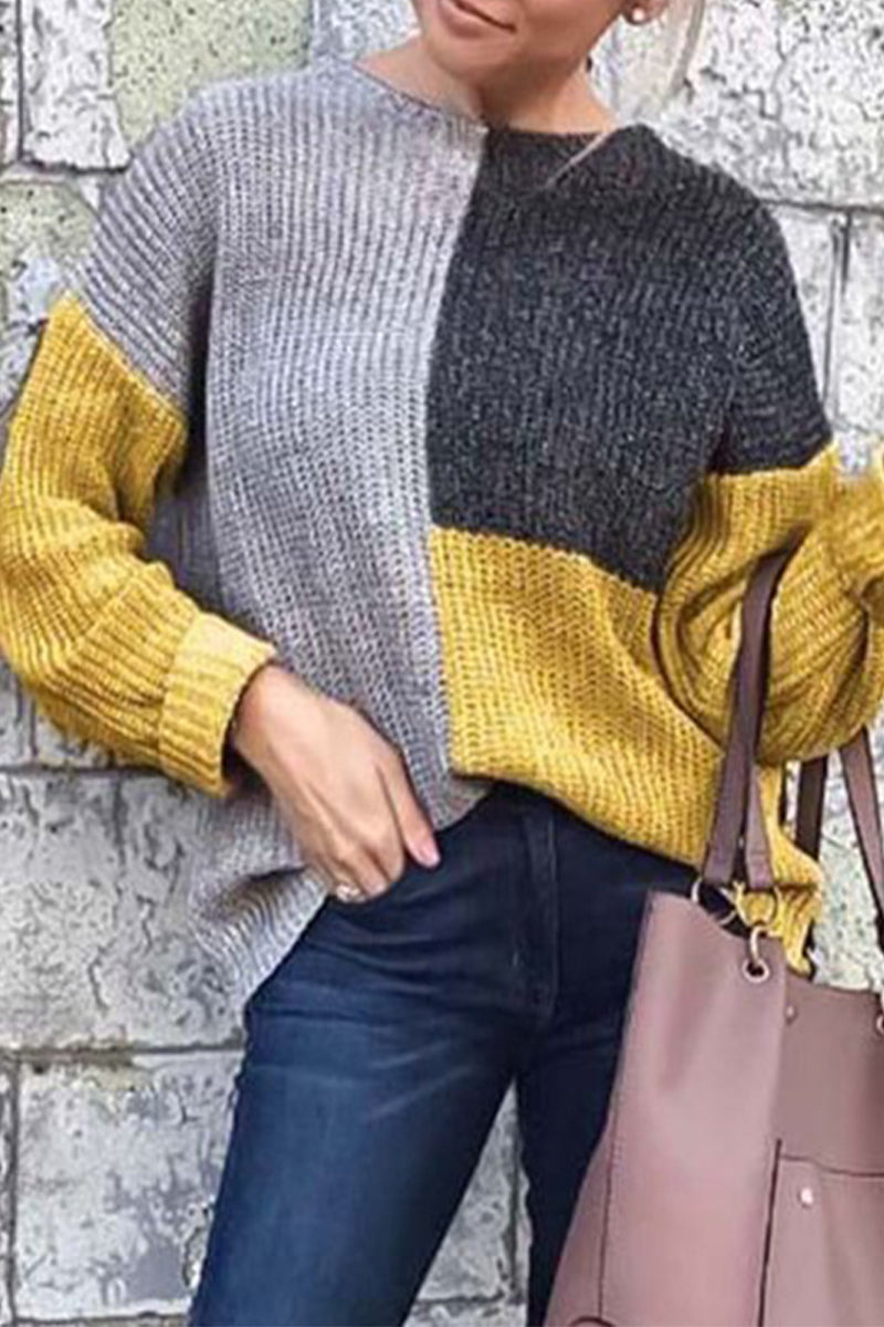 Suéteres elegantes de cuello redondo con patchwork y bloques de colores geométricos