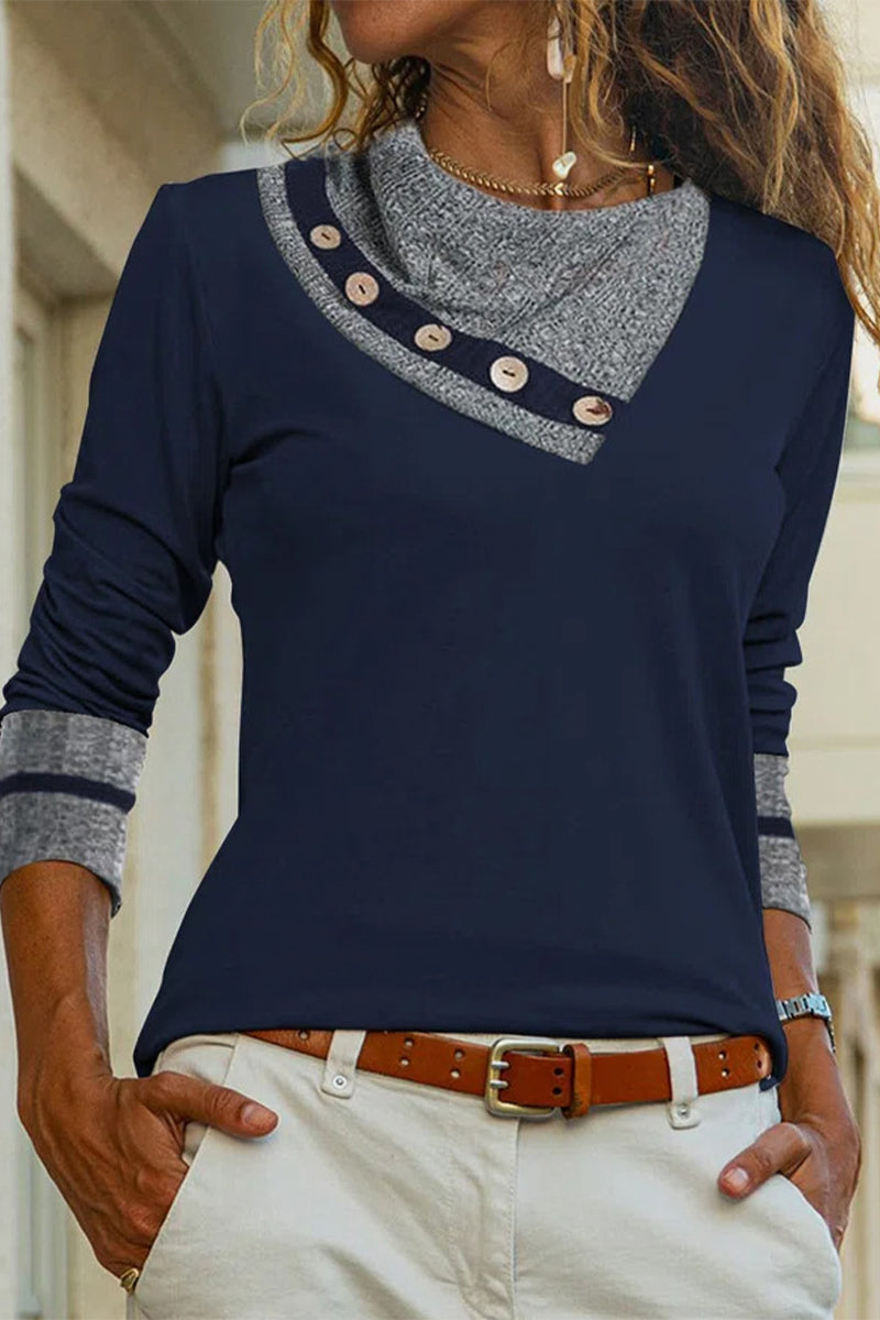 Tops casuales de cuello redondo con contraste de patchwork urbano (3 colores)