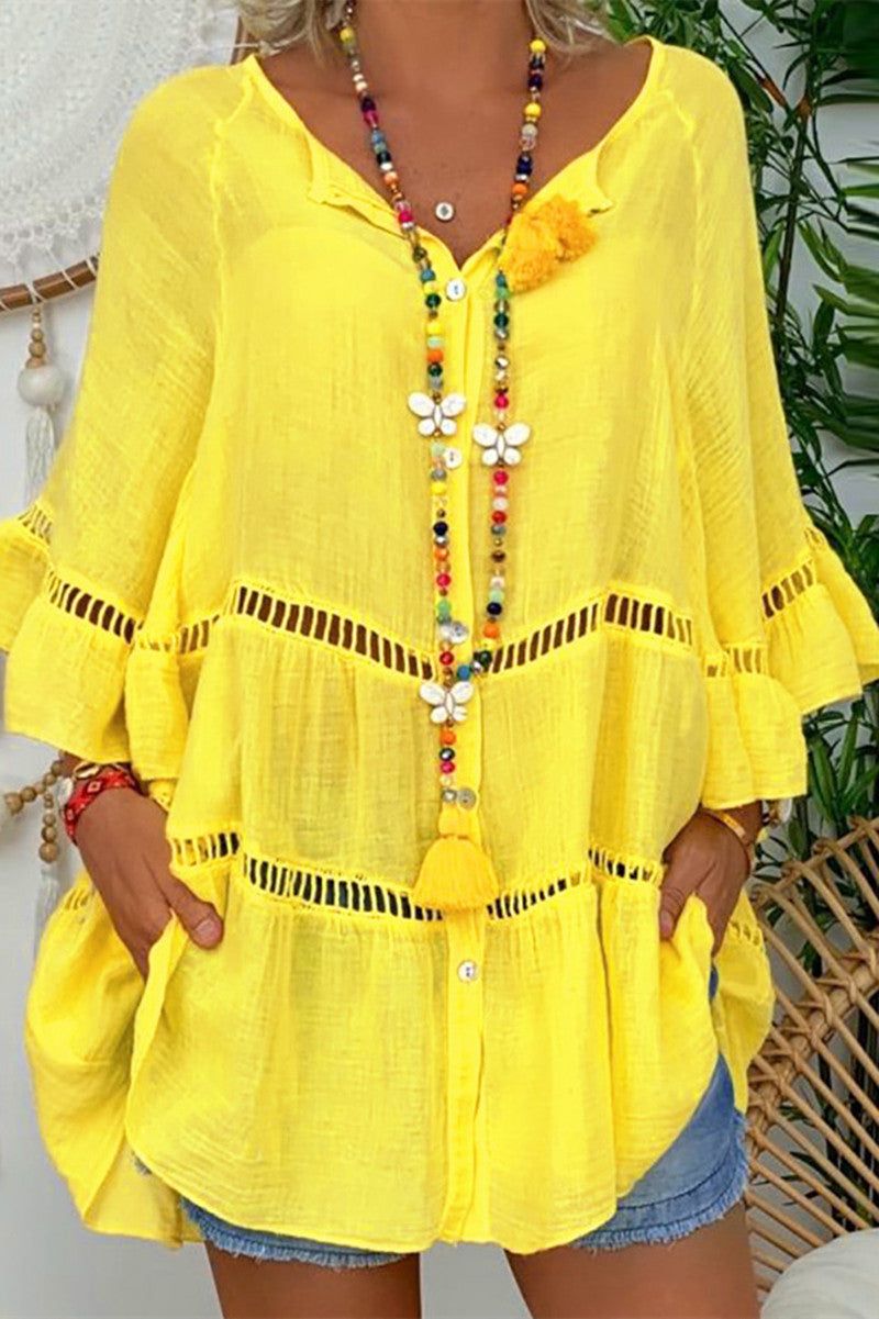 Vestidos casuales de manga larga con cuello en V y parches lisos (4 colores)
