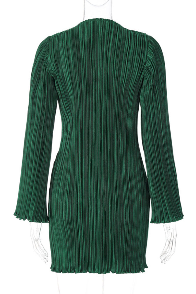 Vestidos casuales lisos de patchwork con pliegues y cuello redondo rectos