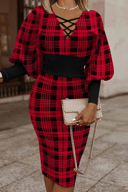 Vestidos casuales de manga larga con cuello en V y estampado de patchwork