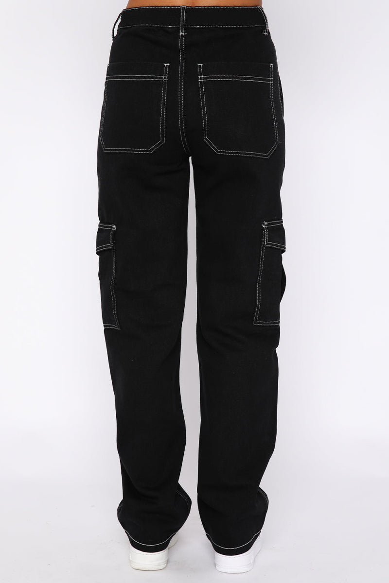 Pantalones de parche rectos de cintura media con bolsillos lisos de calle