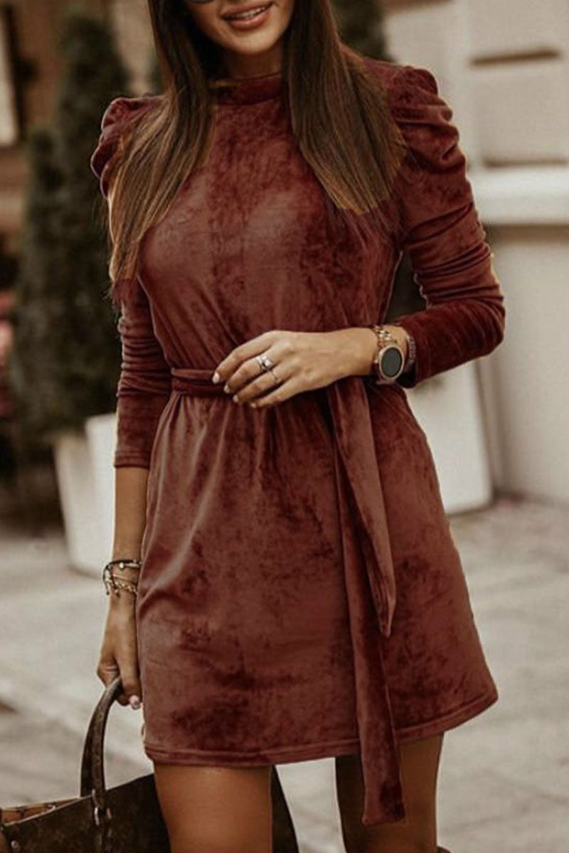 Elegante vestido de falda lápiz con cuello redondo y patchwork liso (4 colores)