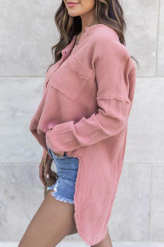 Tops casuales de cuello redondo con botones sólidos