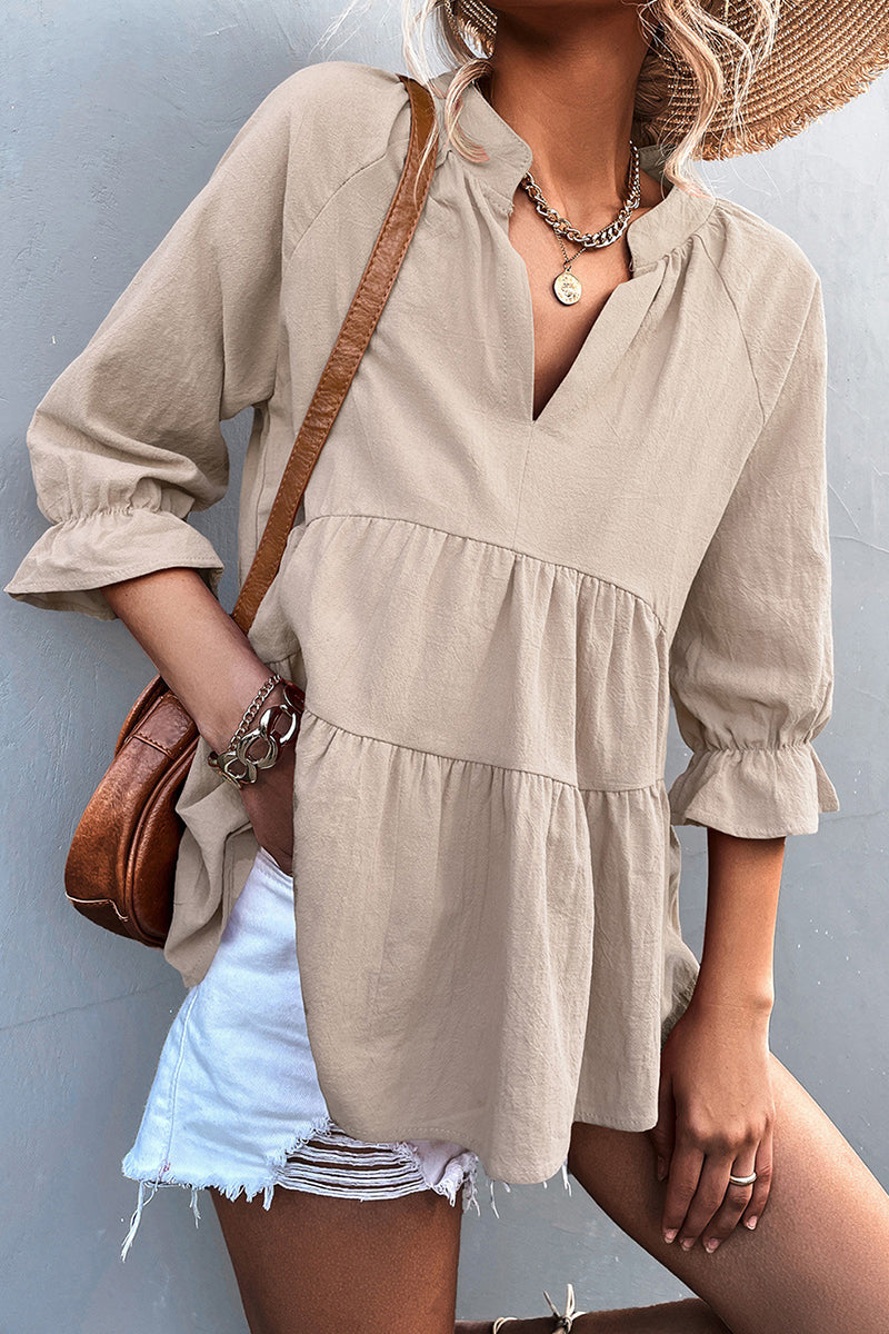 Blusa informal de cuello en V con volantes lisos (5 colores)