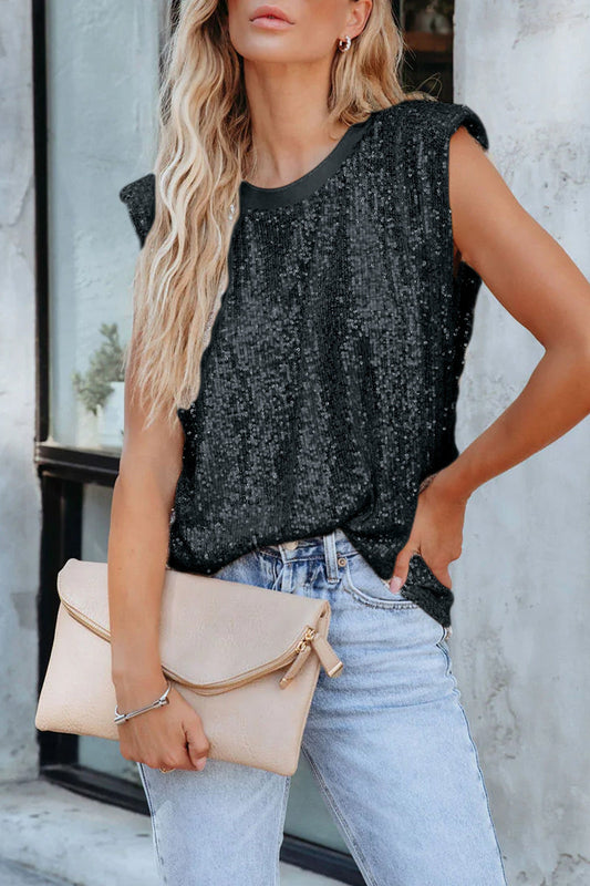 Solid Sequins O Neck Tank Tops