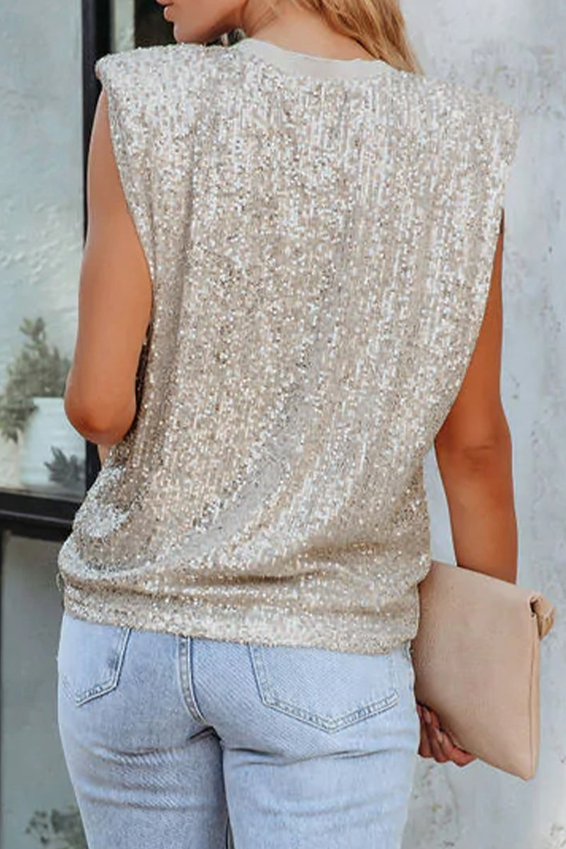 Tops de cuello redondo con lentejuelas sólidas