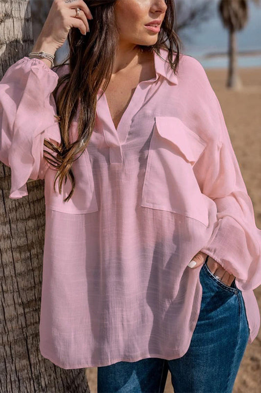 Blusas casuales de cuello vuelto con bolsillos sólidos