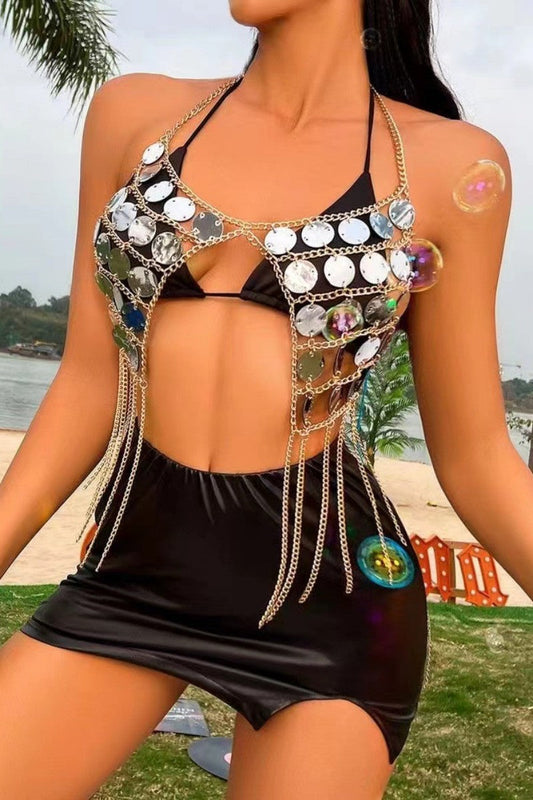 Accesorios sexys de retazos con borlas y cadenas ahuecadas sin espalda