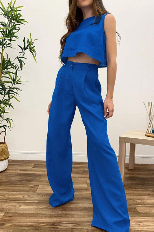 Conjunto informal de dos piezas sin mangas con cuello redondo y parches sólidos