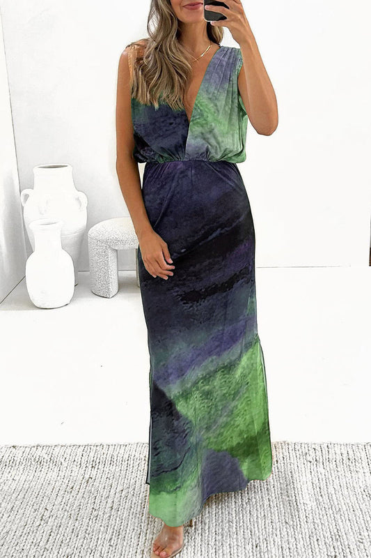 Vestidos casuales de vacaciones con efecto tie-dye, escote en V y espalda descubierta