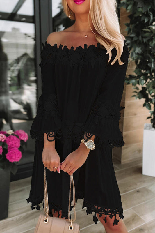 Vestidos elegantes de celebridades con hombros descubiertos, de encaje sólido y patchwork, de corte A