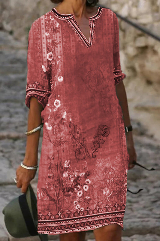 Vestido informal de manga corta con cuello redondo y estampado bohemio (4 colores)