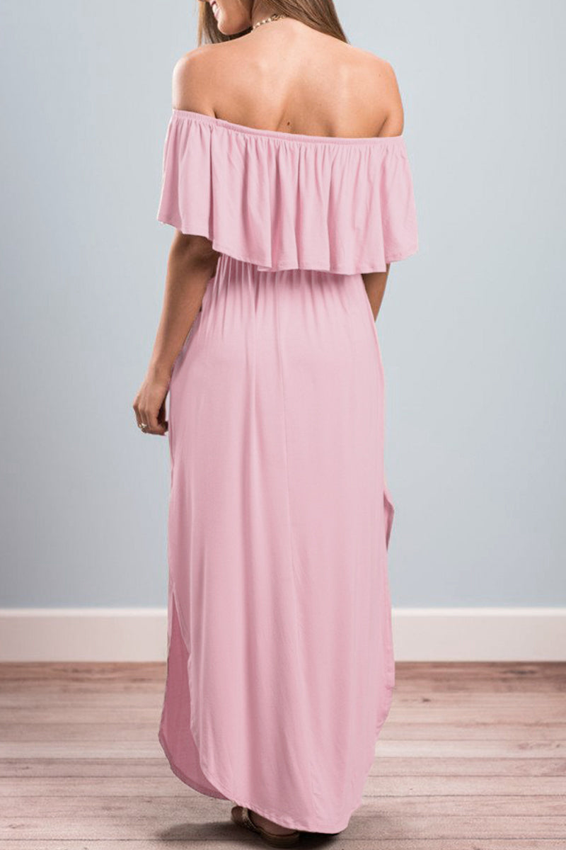 Vestido sexy informal de corte A con hombros descubiertos, bolsillos sólidos y volantes (5 colores)